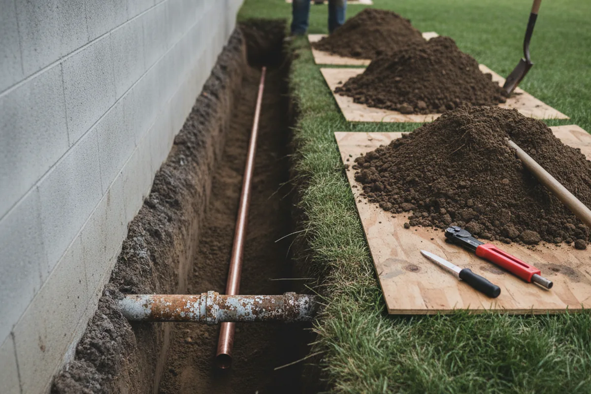 Excavated water line trench during Sewer Line Repair in Sanibel